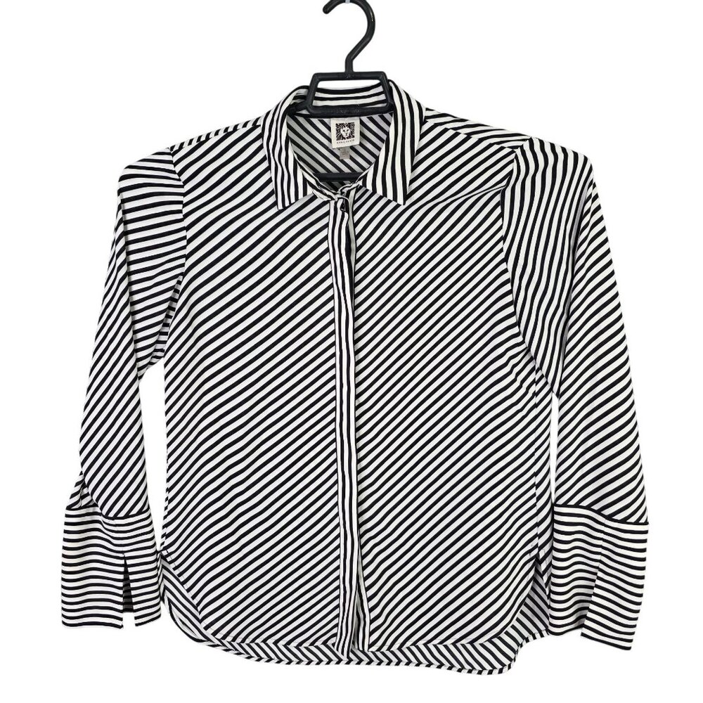 Womens Anne Klein Black & White Striped Shirt Button Up Long Sleeve Polyester S